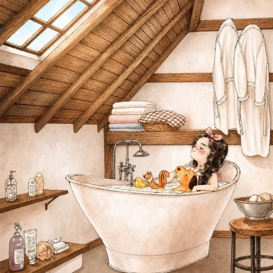 水彩插画：阁楼浴室里，一个女孩闭着眼睛泡澡，玩具鸭、松鼠和小狗陪在身边，斜屋顶下的天窗洒下光